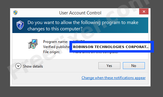 Screenshot where ROBINSON TECHNOLOGIES CORPORATION appears as the verified publisher in the UAC dialog